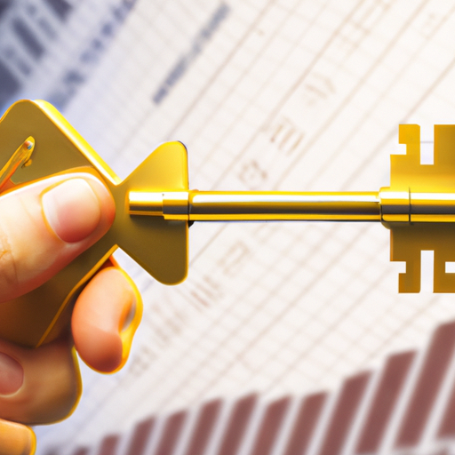 A close-up of a hand holding a golden key with a graph in the background representing the stock market.