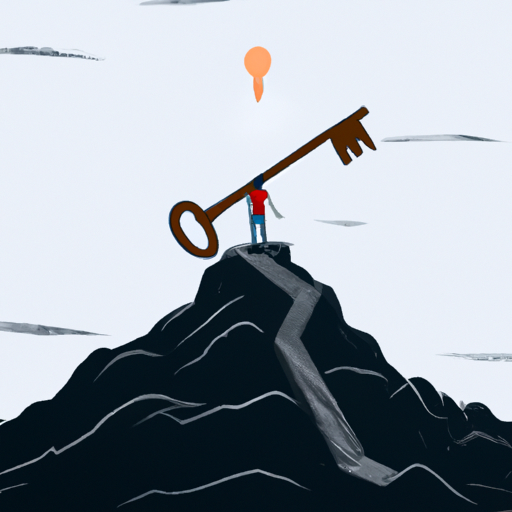 An illustration of a person standing on a mountain peak with a path of keys leading up to the summit, symbolizing the journey to success in crypto trading.